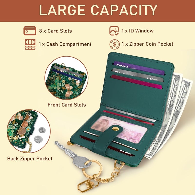 Jogjam Butterfly Green Rfid Women Wallet, Small Slim Thin Compact Credit Card Wallet, PU Leather Bifold Cash Wallet, Zipper Coin Pocket ID Window, Female Ladies Girl Gifts - Image 4